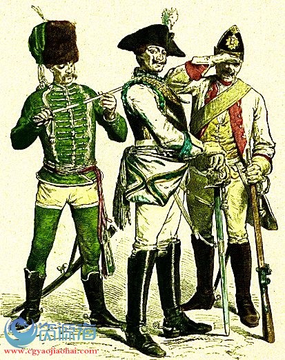 1760年的普鲁士骠骑兵军官(左),赛德利兹将军麾下的胸甲骑兵(中)和掷