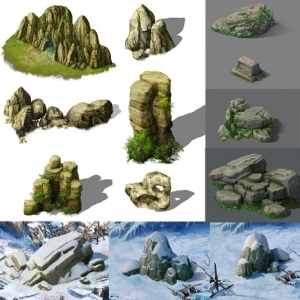 巨岩 修图专业素材 游戏美术资源 写实雪景沙漠山石头岩石原画地图2D场景修图素材PSD
